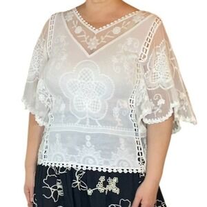 White Lace Floral Embroidered Flutter Sleeve V Neck Boho Blouse
